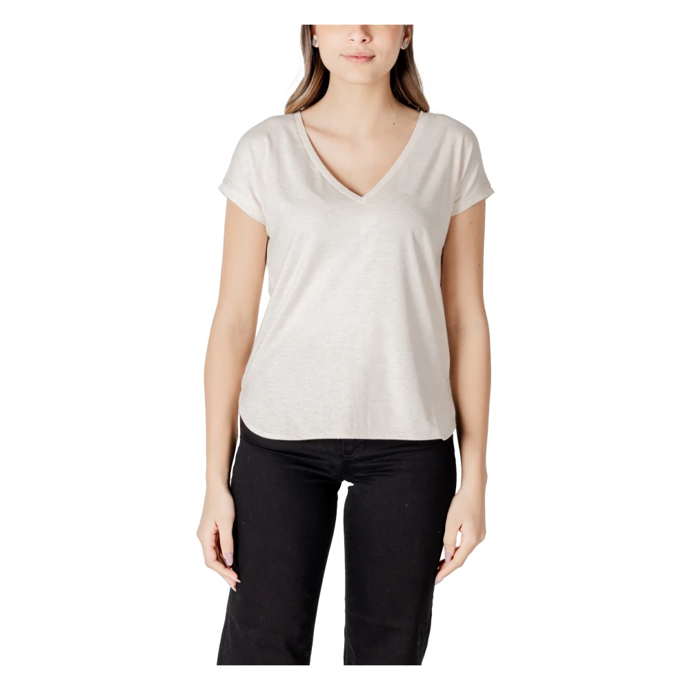 Ichi Beige V-Hals Korte Mouw T-Shirt Beige Dames