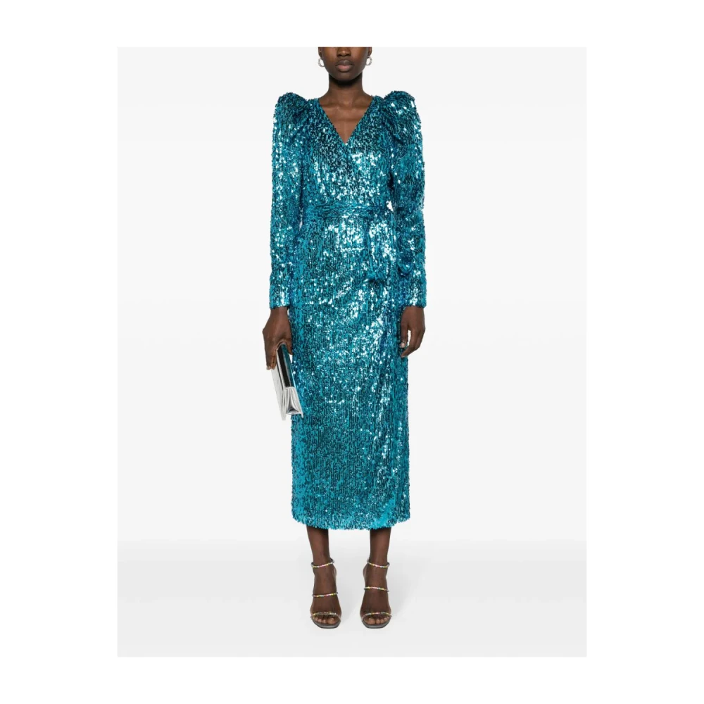 Rotate Birger Christensen Blauwe V-hals Jurk met Strikceintuur Blue Dames
