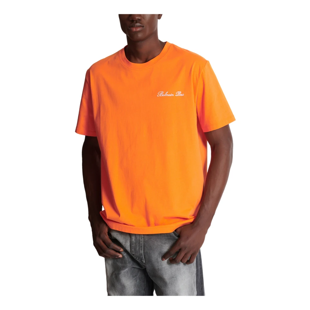 Balmain Relaxed T-shirt met handtekeningborduursel Orange Heren