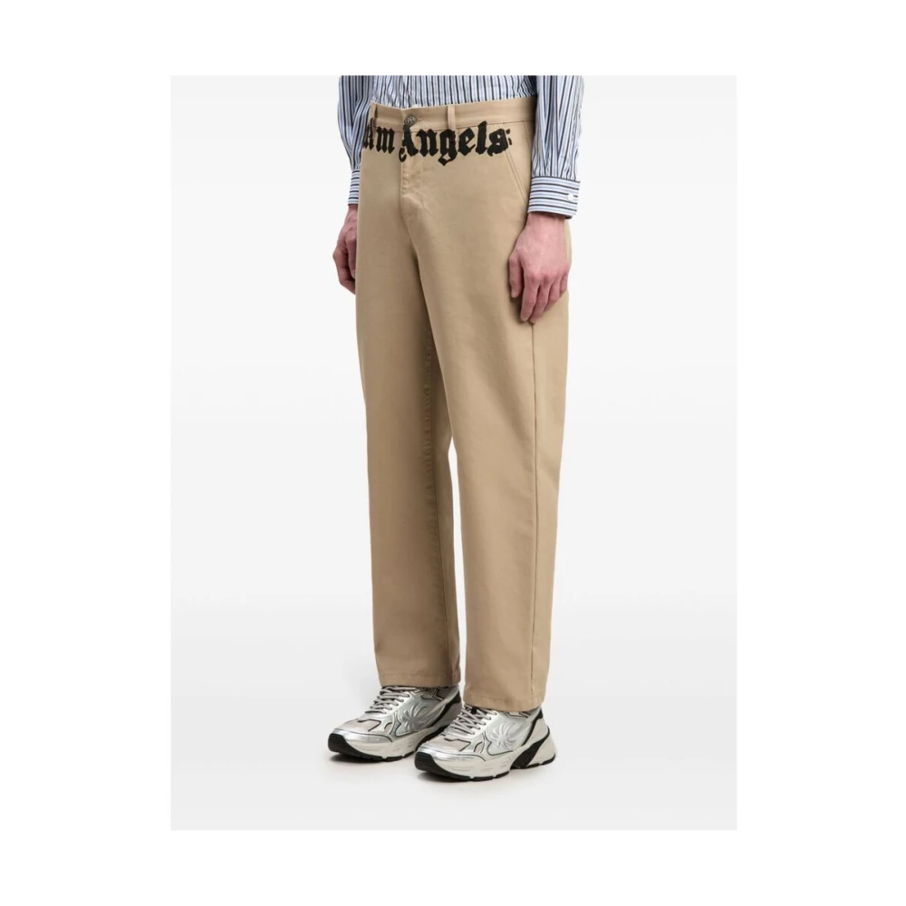 Palm Angels Beige Katoen Logo Print Rechte Pijp Beige Heren