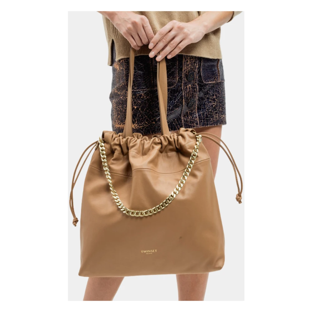 Twinset Leren Shopper Tas met Kettinghengsel Beige Dames