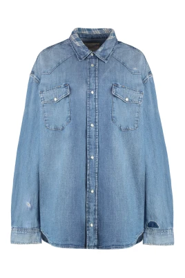 Denim Oversize Skjorta med Fickor