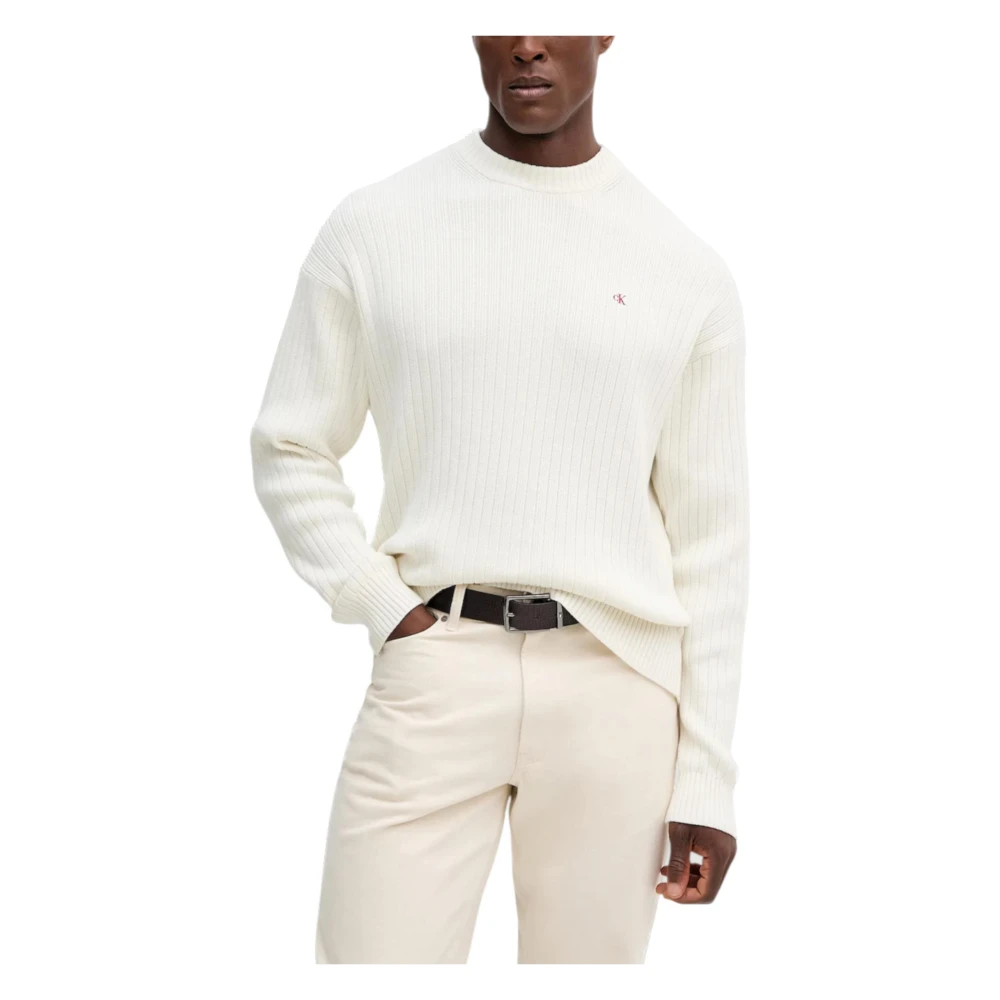 Calvin Klein Jeans Men's White Round-Neck Knitwear,, Vertical Texture Jumper Lv04rd314g 2XL