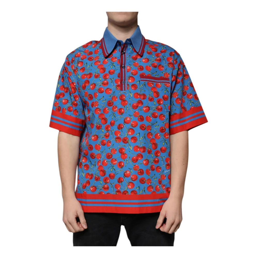 Dolce & Gabbana Kersenprint Polo T-shirt Blauw Rood Multicolor Heren