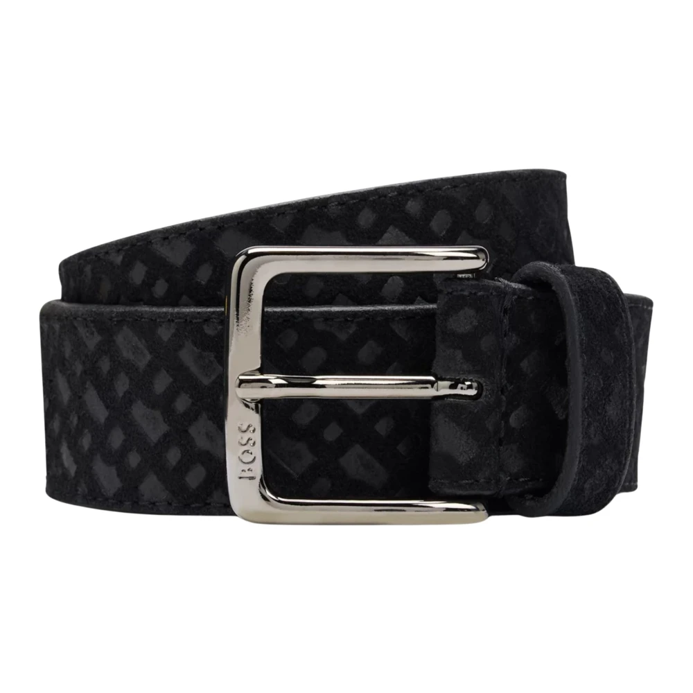 Hugo Svart Graverad Logotyp Läderbälte Gunmetal Finish