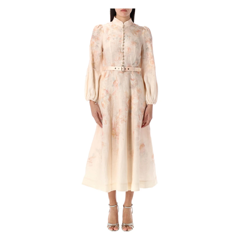 Zimmermann Bloemen Crush Buttoned Midi Jurk Beige Dames