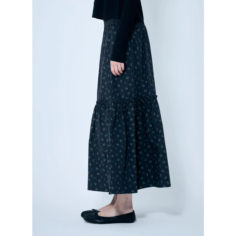 Ganni Bloemen Maxi Rok Gerimpelde Taille Black Dames
