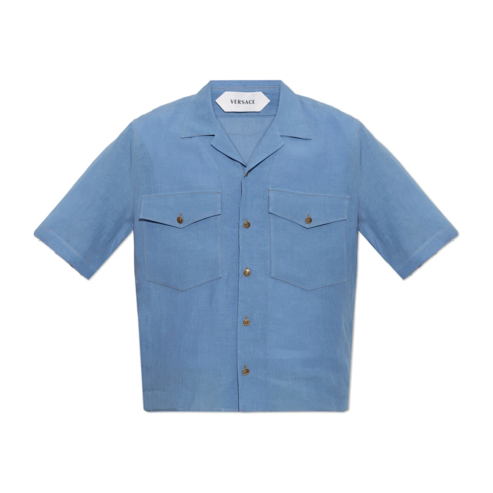 Versace Mannelijk Blauw Overhemden Heren, S, Linnen, Linnen Relaxed Shirt