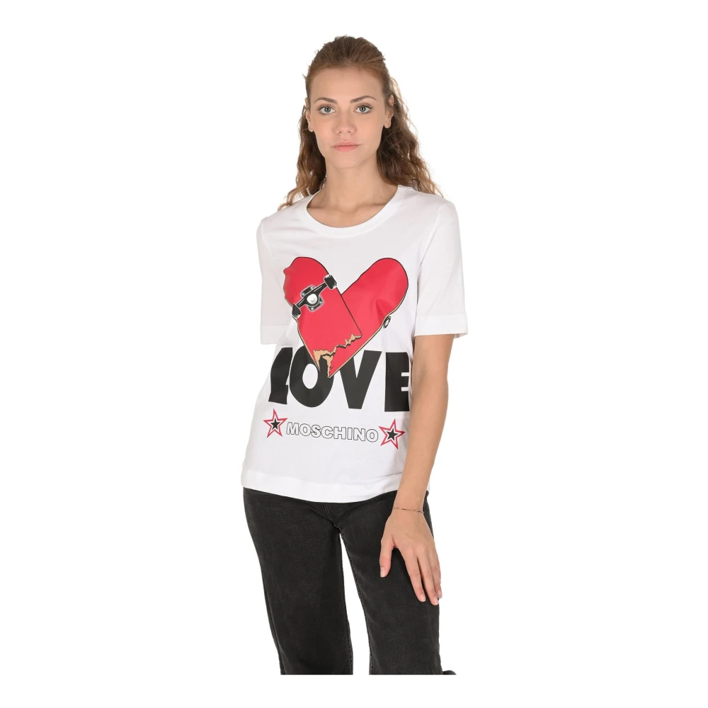 Love Moschino Wit Katoenen T-shirt met Inlay White Dames