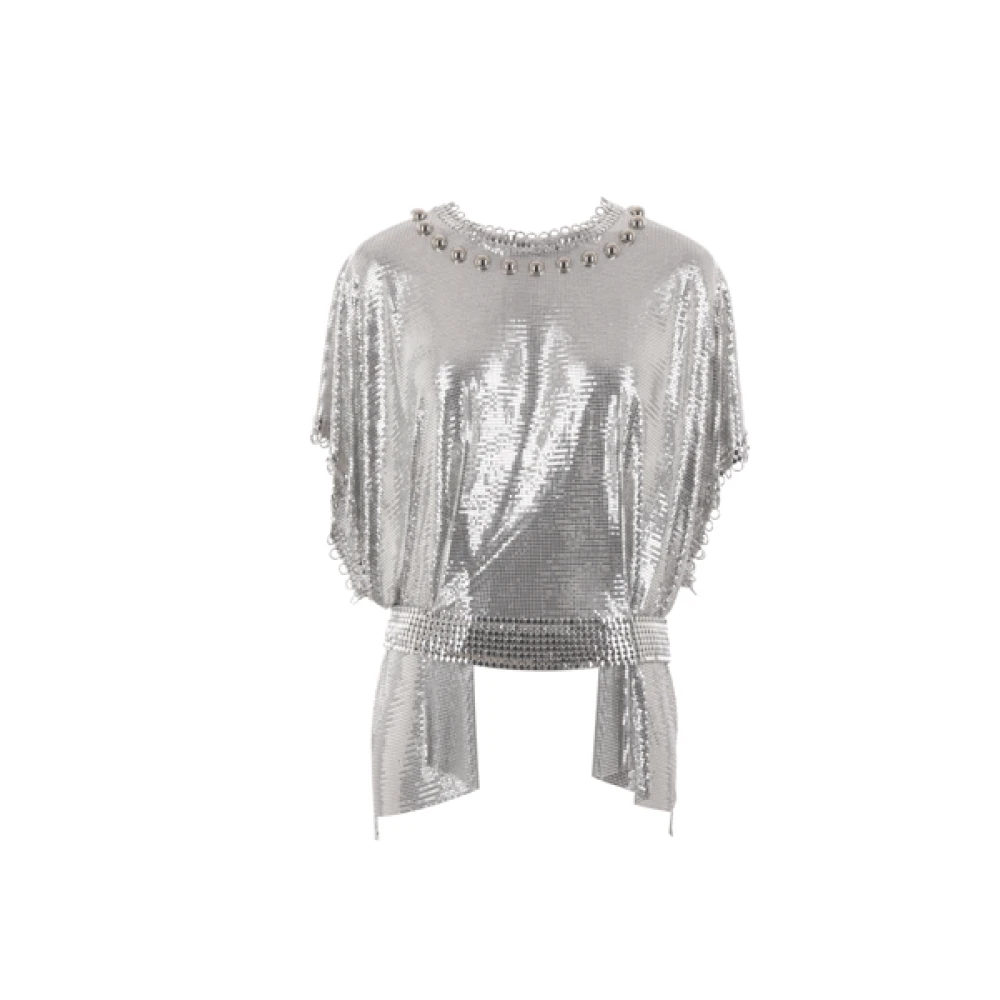 Paco Rabanne Silver Metallic Stickad Topp med Asymmetrisk Nederkant Gray, Dam