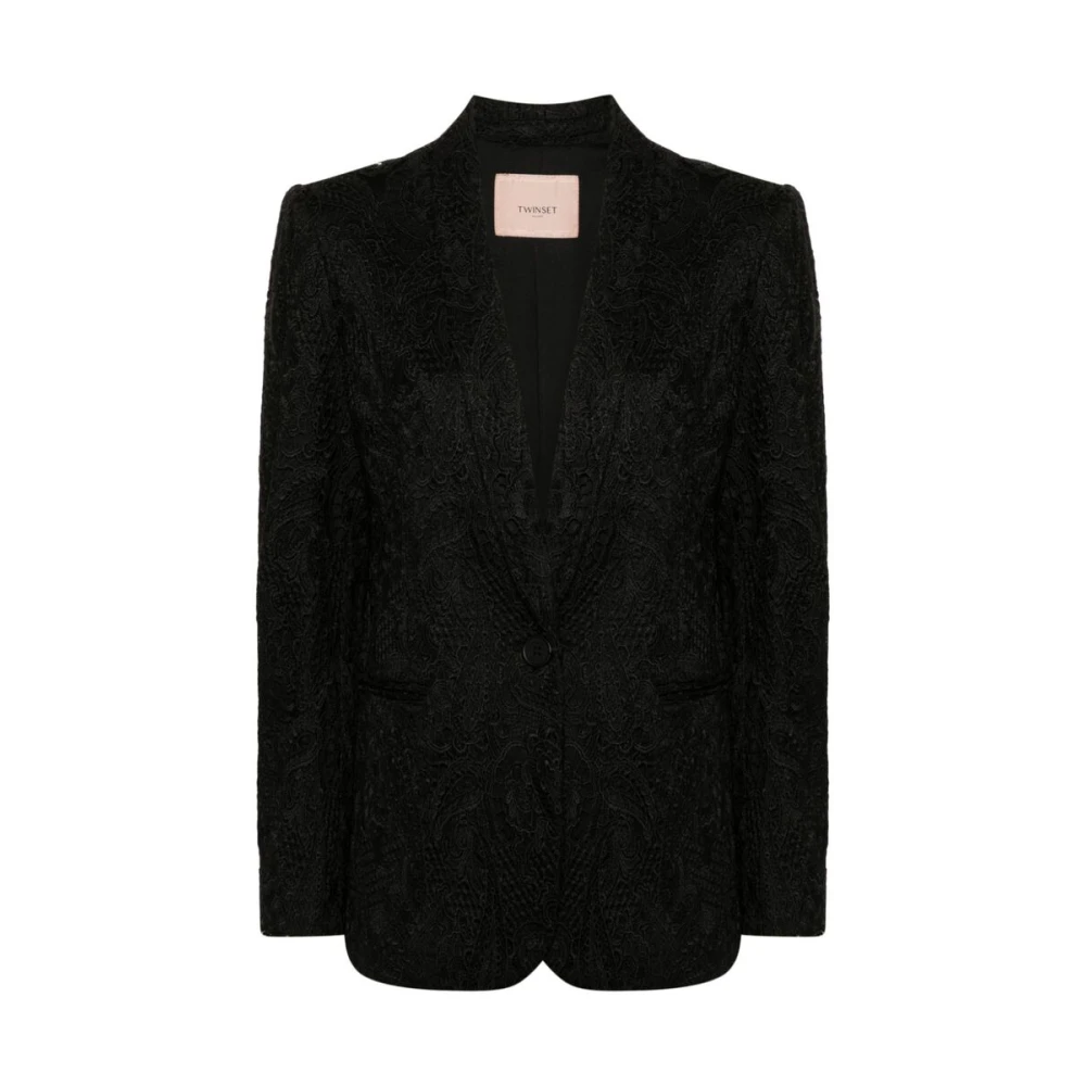 Twinset Zwarte Kant Paisley Jas met Shawl Revers Black Dames