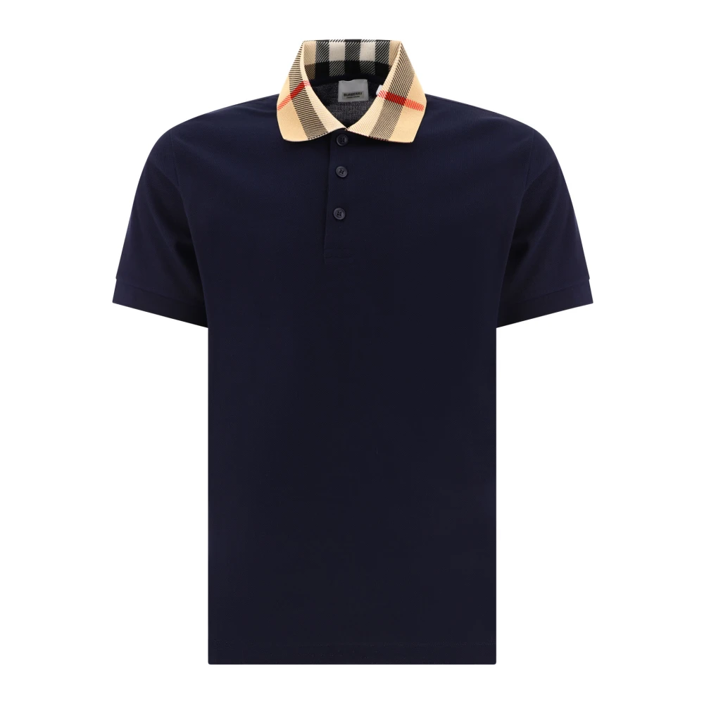 Burberry Men's Blue Polo Shirts, S, Check Collar Cotton Polo Shirt
