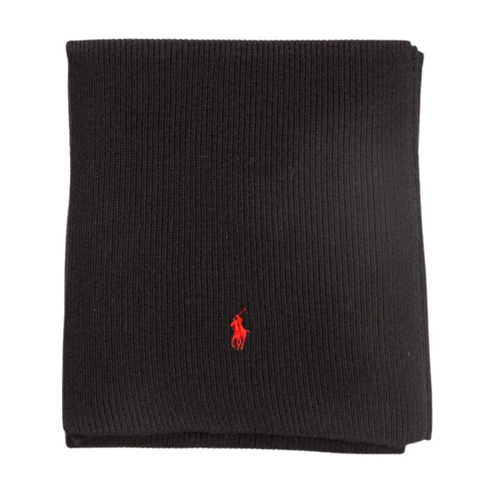Polo Ralph Lauren Geribbeld Wollen Sjaal Zwart Geborduurd Logo Black Heren