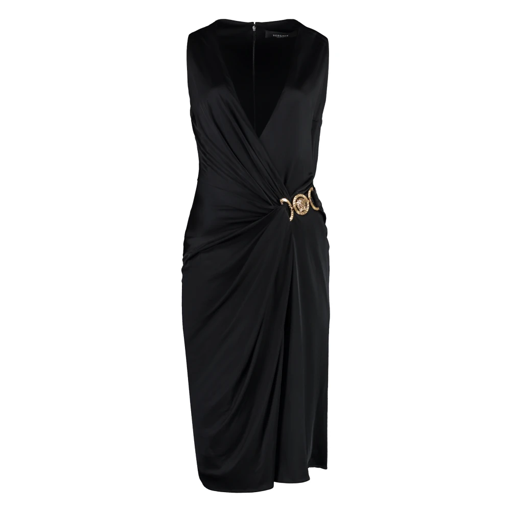 Versace Jersey Jurk met V-hals en Medusa Detail Black Dames