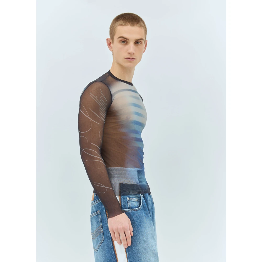 Jean Paul Gaultier Grafische Print Mesh Crewneck Top Blue Heren