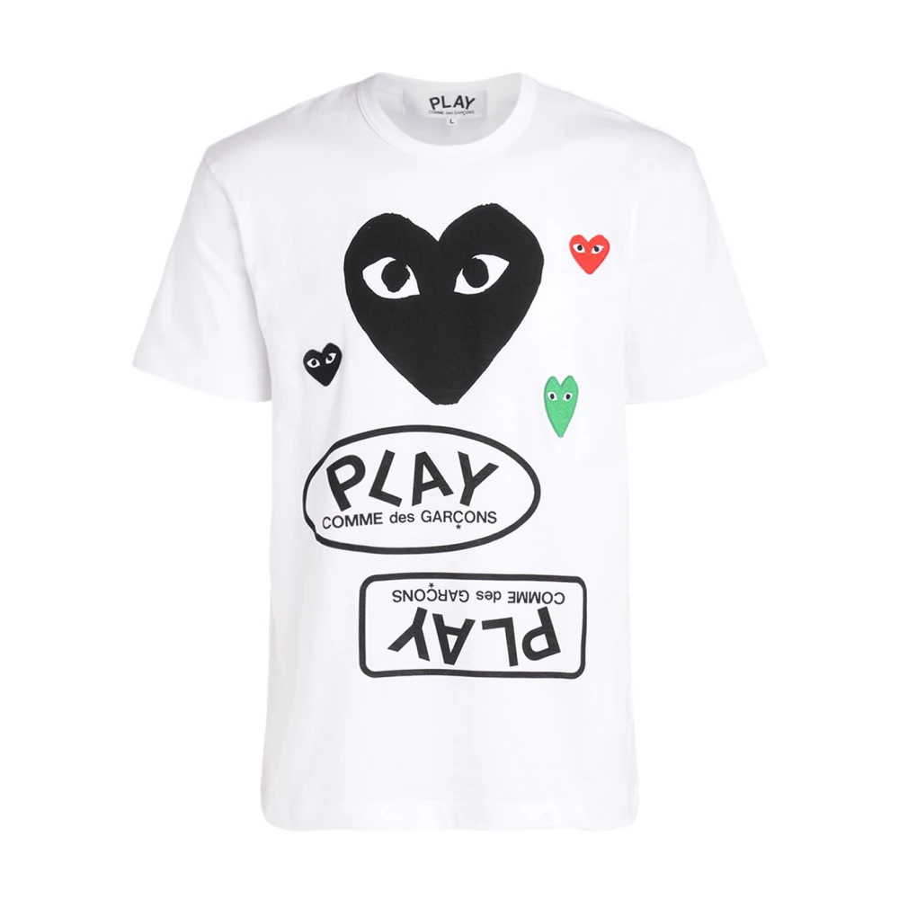 Comme des Garçons Play Witte heren T-shirt met zwart hart en multicolor logo White Heren