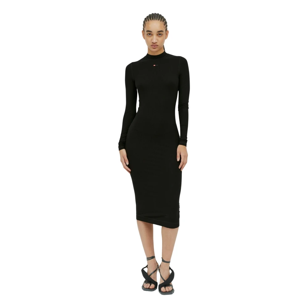 Diesel Ribgebreide Midi Jurk met Logoborduursel Black Dames