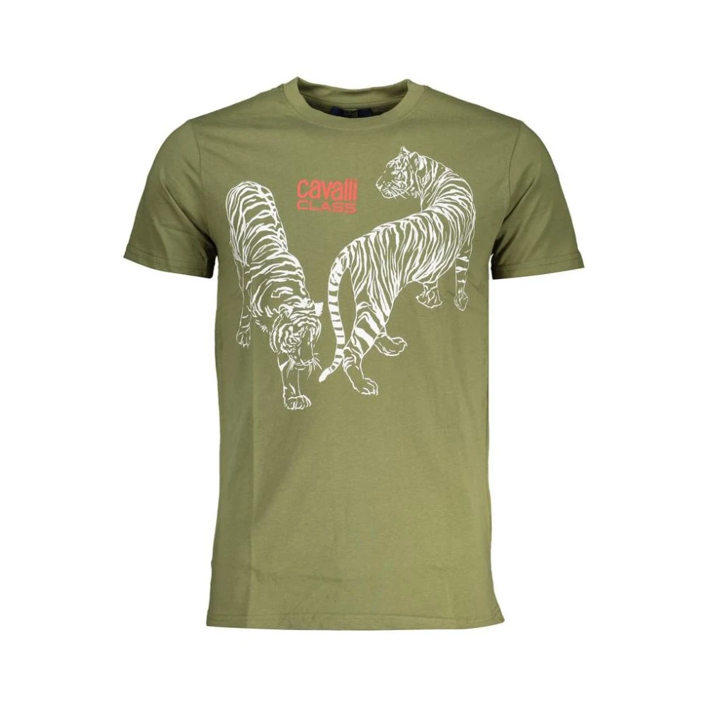 Cavalli Class Men's Green Tiger Print Crew Neck T-Shirt