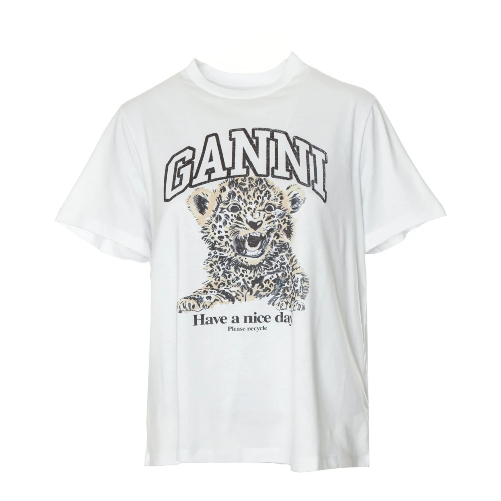 Ganni Leopard Jersey T-shirt White, Dam