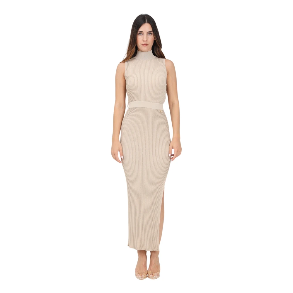 Elisabetta Franchi Beige Mouwloze Midi Jurk met Zijsplit Beige Dames