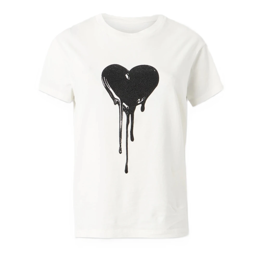 Zadig & Voltaire Women's White T-Shirts, Xs, Walk Hc Flowing Heart Rhinestone