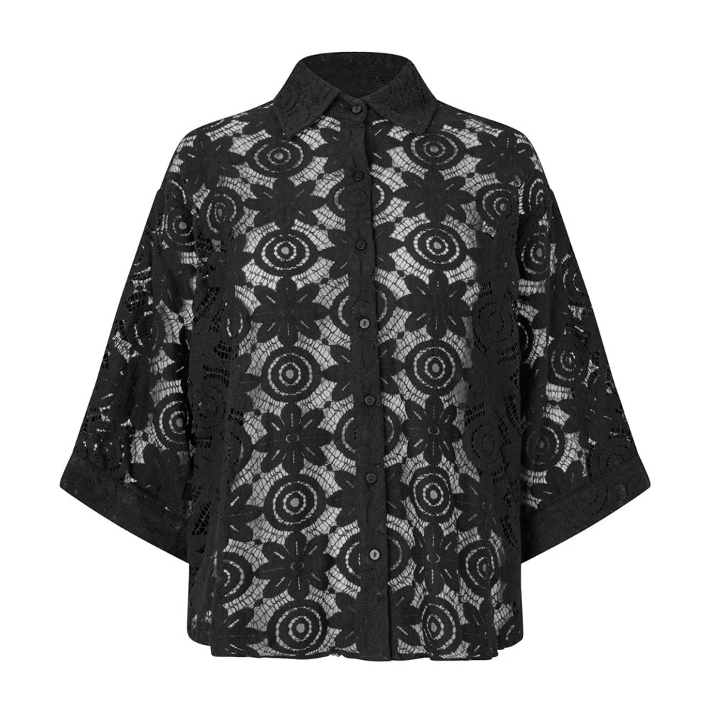 Lollys Laundry Zwarte Kant Shirt met Halve Mouwen Black Dames
