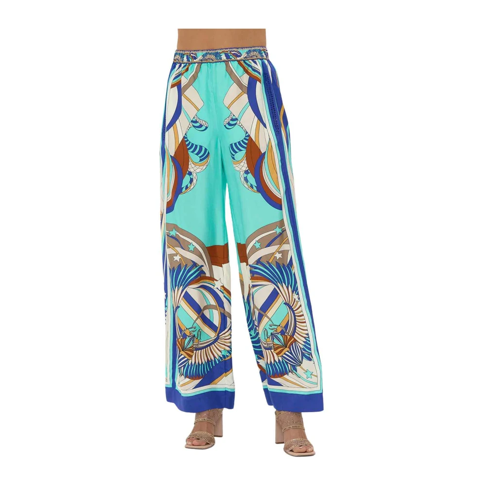 Camilla Blauwe Geometrische Wijde Zijden Broek Multicolor Dames