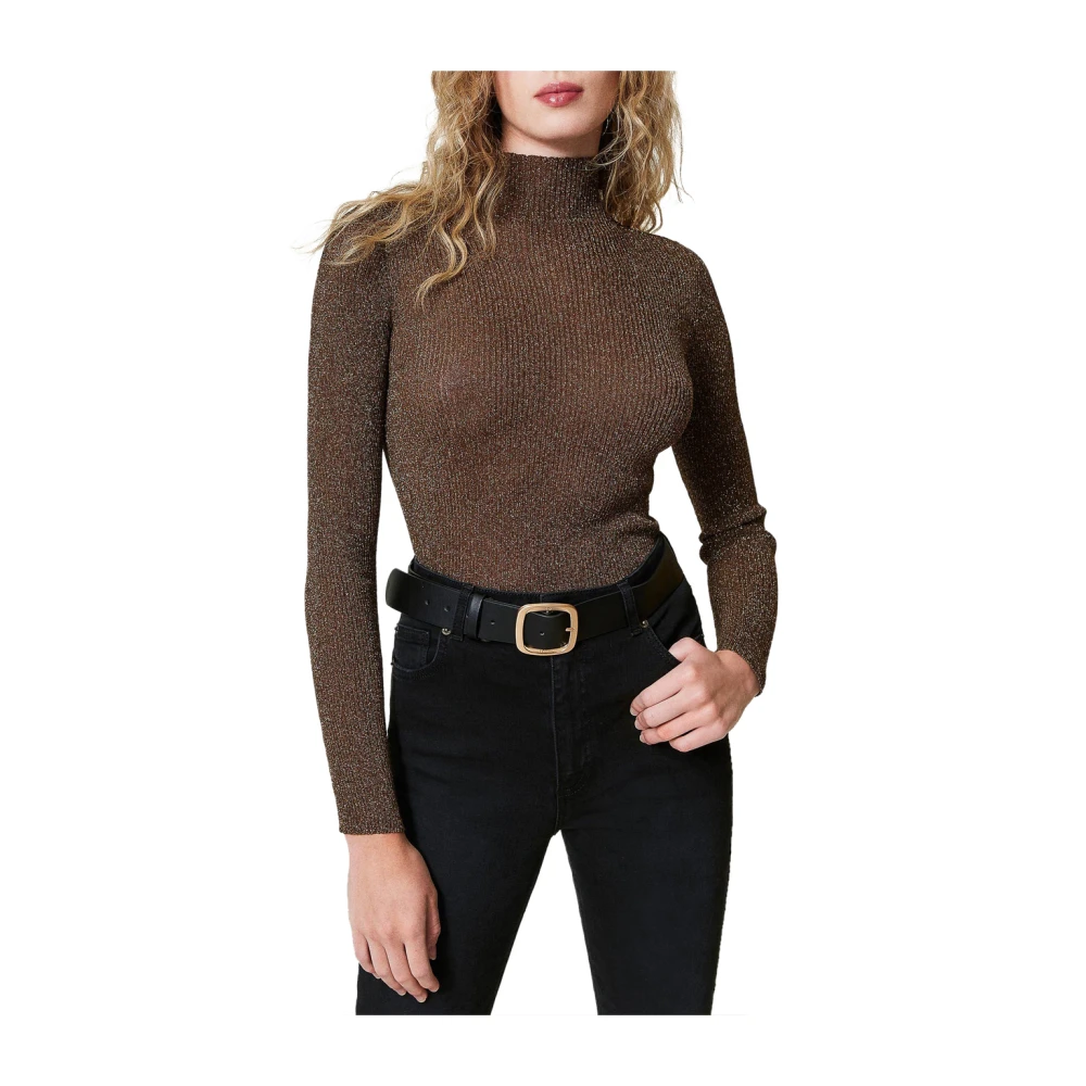 Twinset Geribbelde Lurex Trui Brown Dames