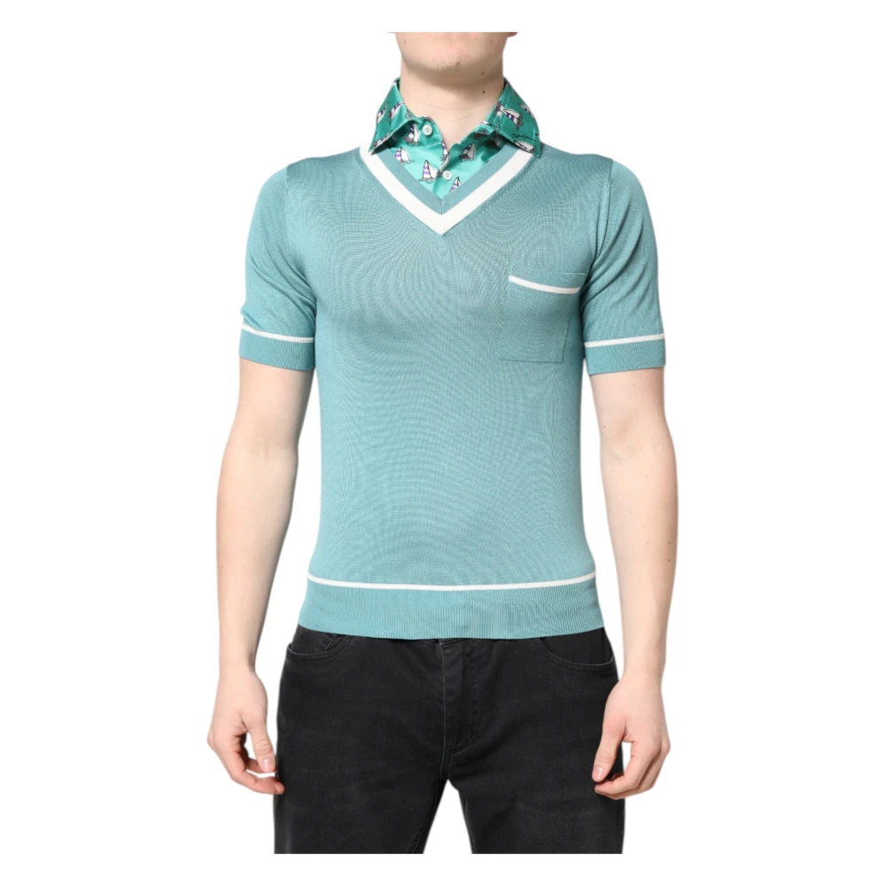 Dolce & Gabbana , Polo Shirts, Male, Green, Xs, Green Silk Collared T-Shirt