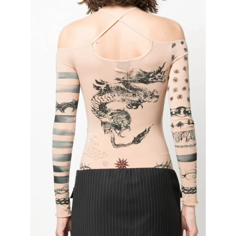 Jean Paul Gaultier T-shirt met Lange Mouwen en Trompe L`oeil Tattoo Print Beige Dames