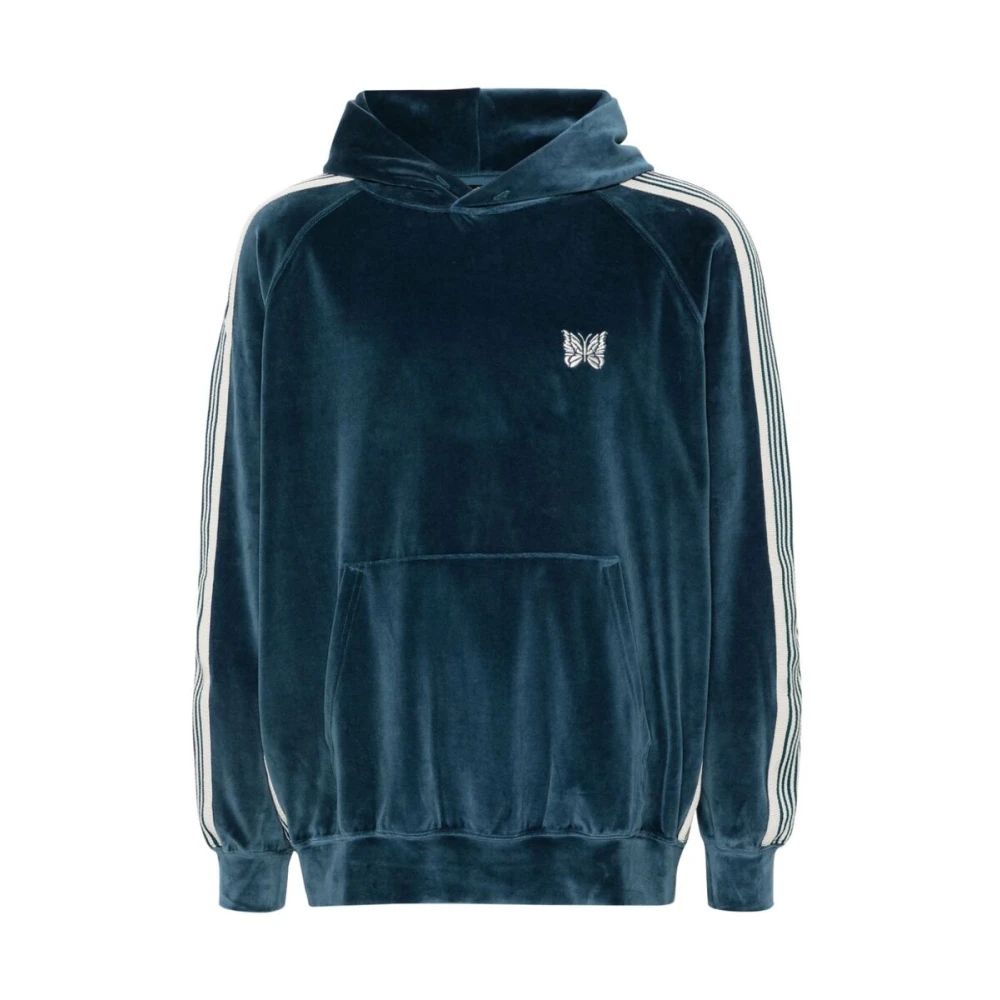 Needles Blauwe Fluweel Geborduurd Logo Hoodie Blue Heren