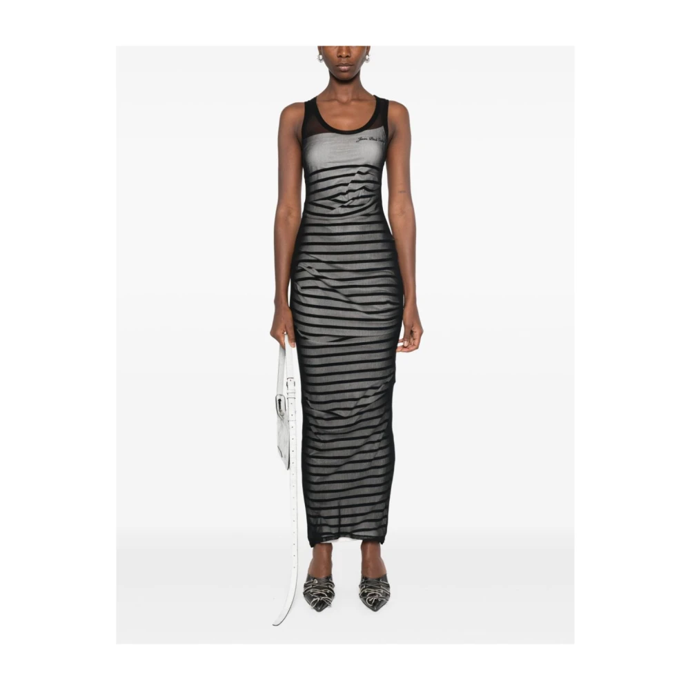 Jean Paul Gaultier Navy Gestreepte Mesh Laag Lange Jurk Blue Dames