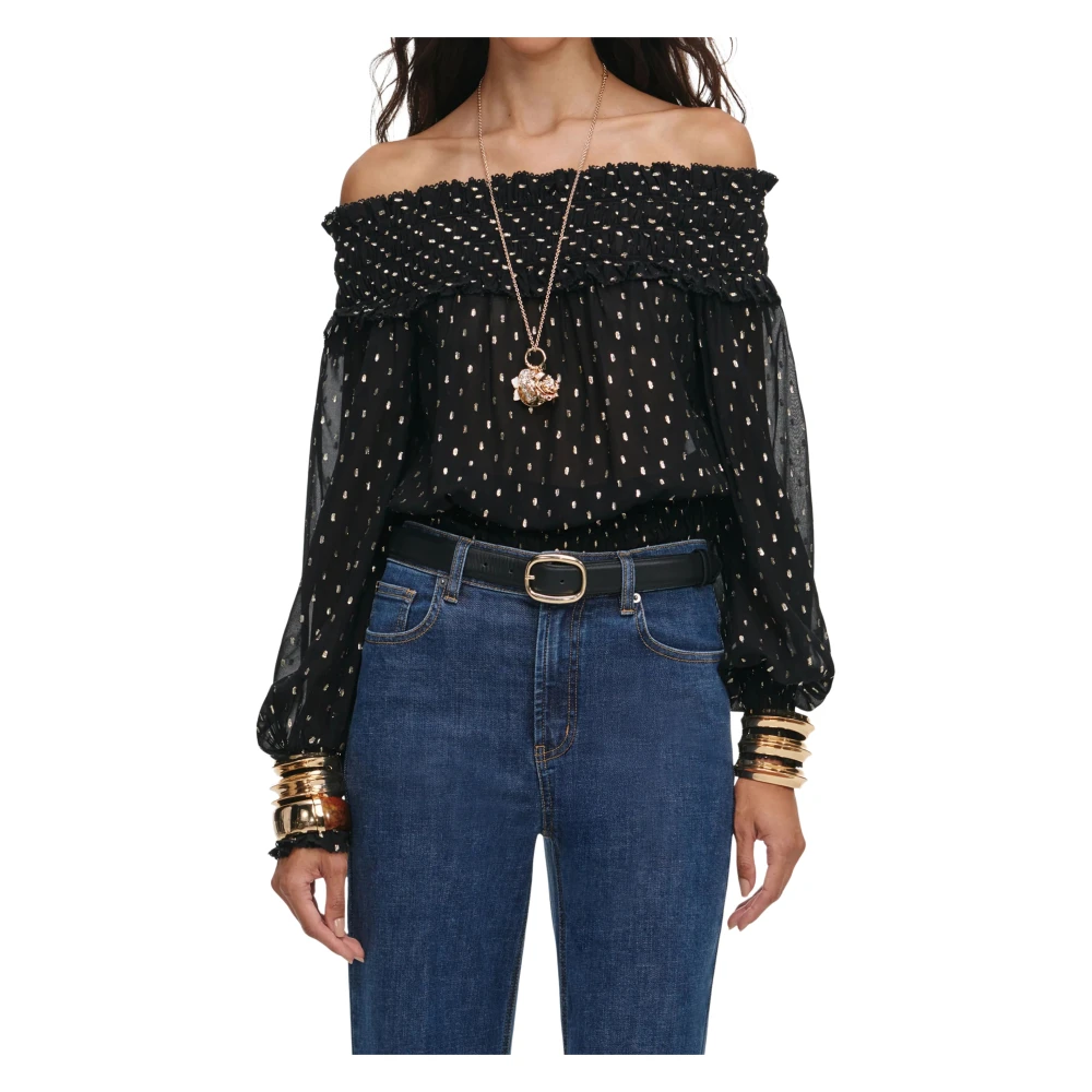 Self Portrait , Midi Dresses, Female, Black, Xs, Off-The-Shoulder Chiffon Top With Ruffles - Image 3