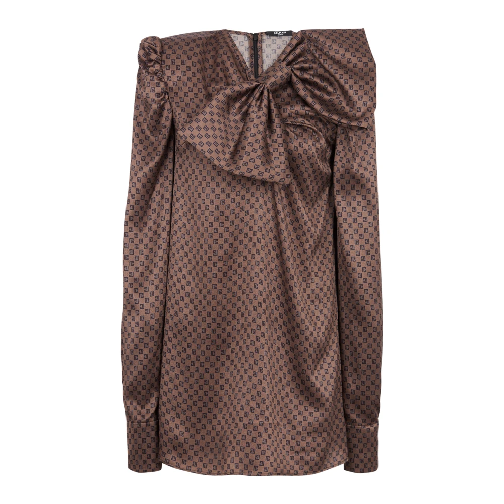 Balmain Korte jurk met grote strik en mini monogram print Brown Dames
