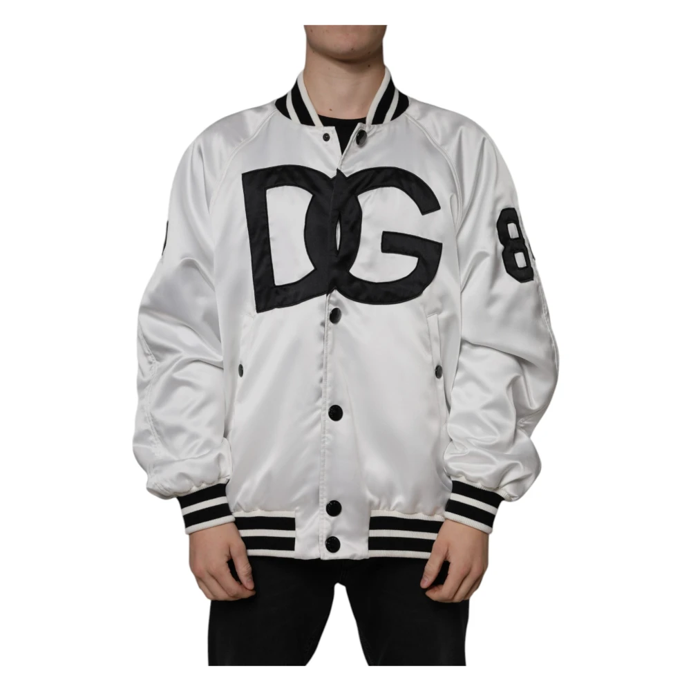 Dolce & Gabbana Men's White Logo Full Zip Bomber Jacket