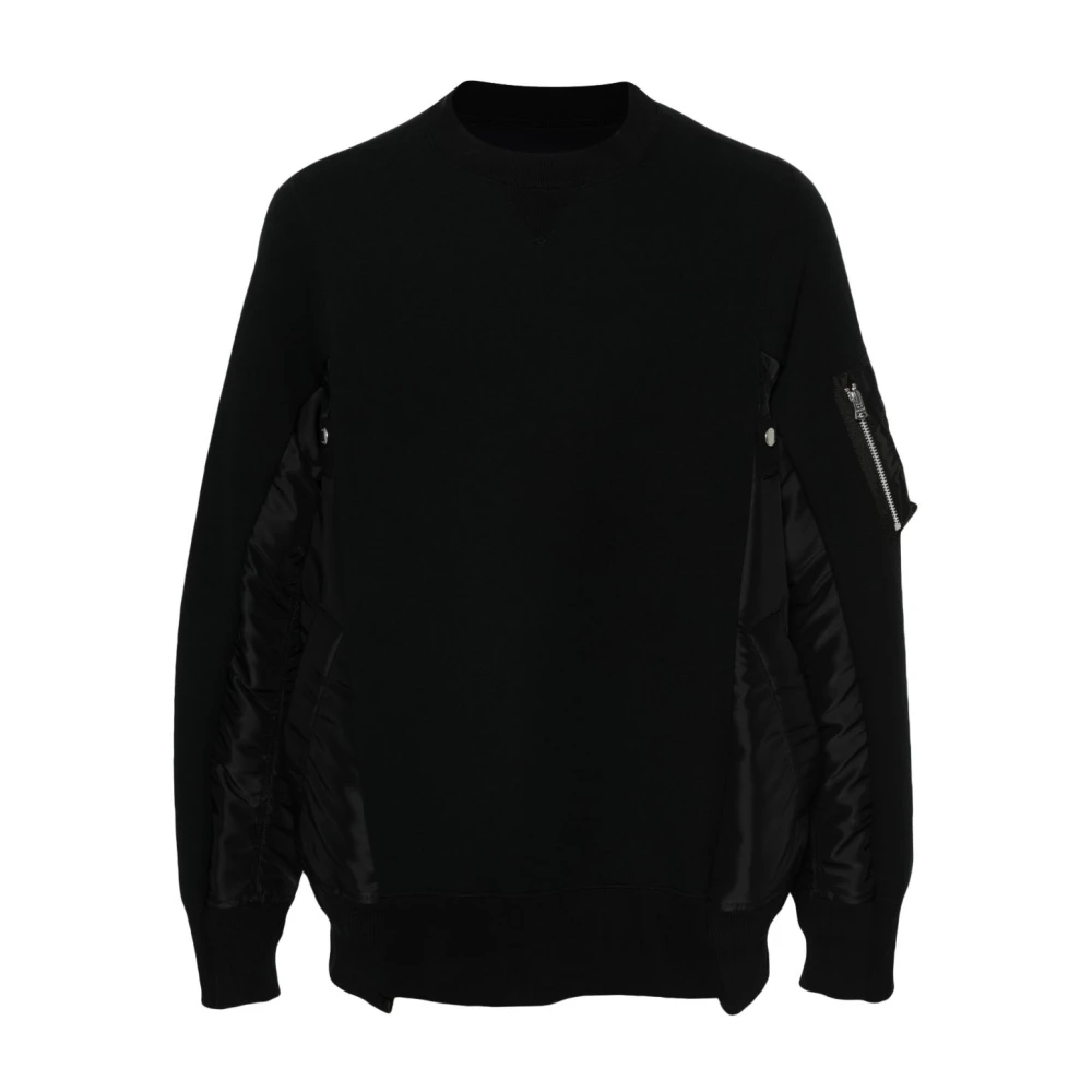 Sacai Zwarte Crew Neck Sweater met Ritszak Black Heren
