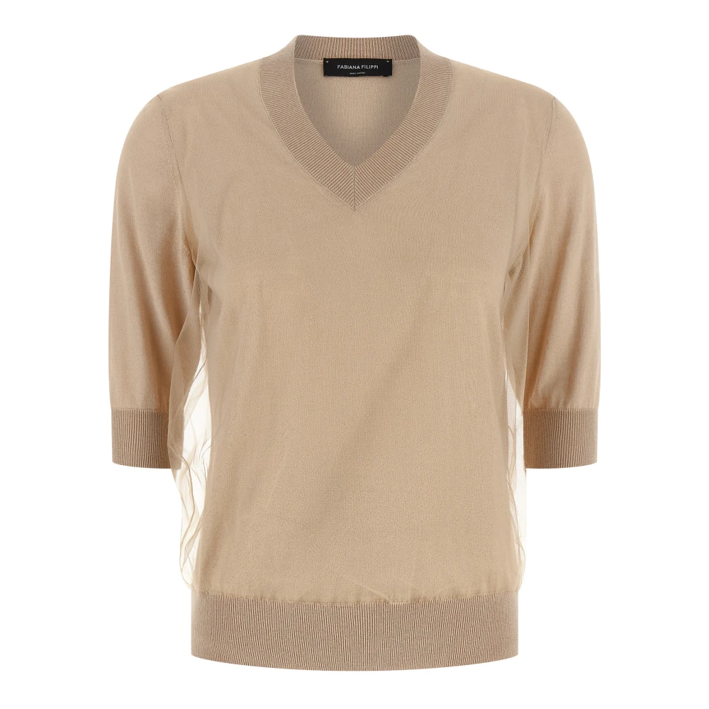Fabiana Filippi Beige V-Neck Knitwear, Female, 2XS, Double-Layer V-Neck Jumper