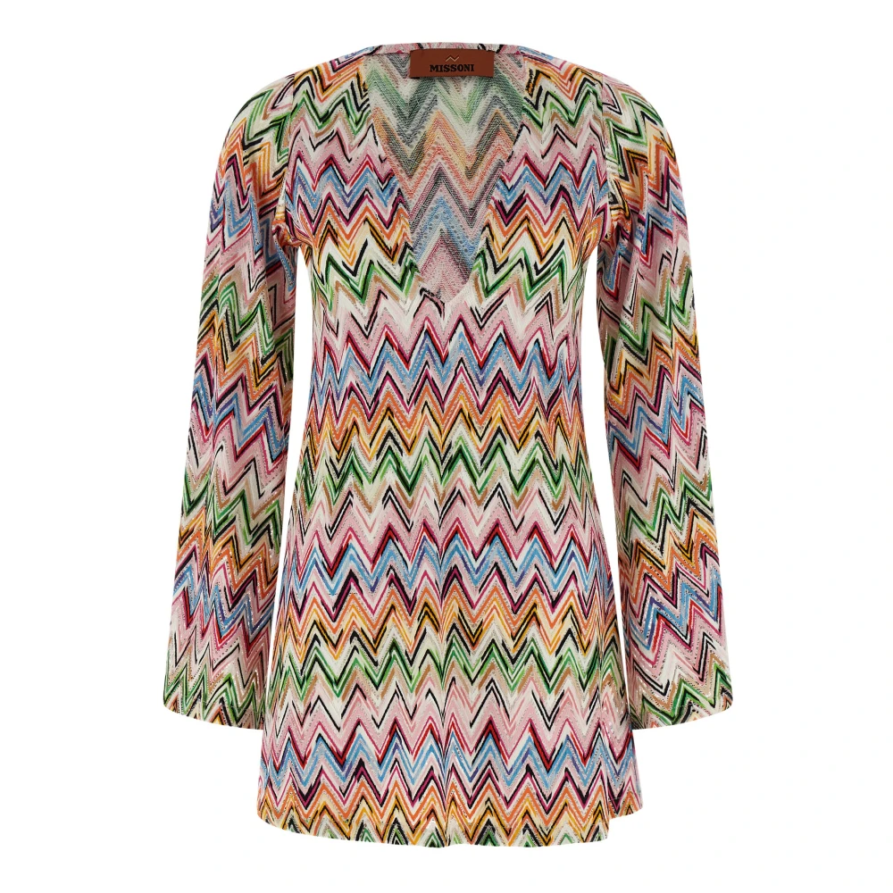 Missoni Women's Multicolor V-Neck Knitwear, Xs, Mini Dress In Stretch Viscose With Lace And Zigzag Motif