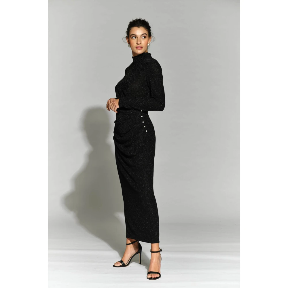 Moskada Zwarte Lurex Midi Jurk met Parel Detail Black Dames