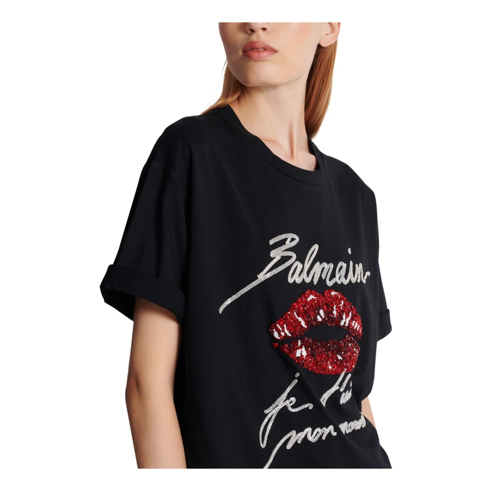 Balmain T-shirt met kus borduurwerk en korte mouwen Black Dames