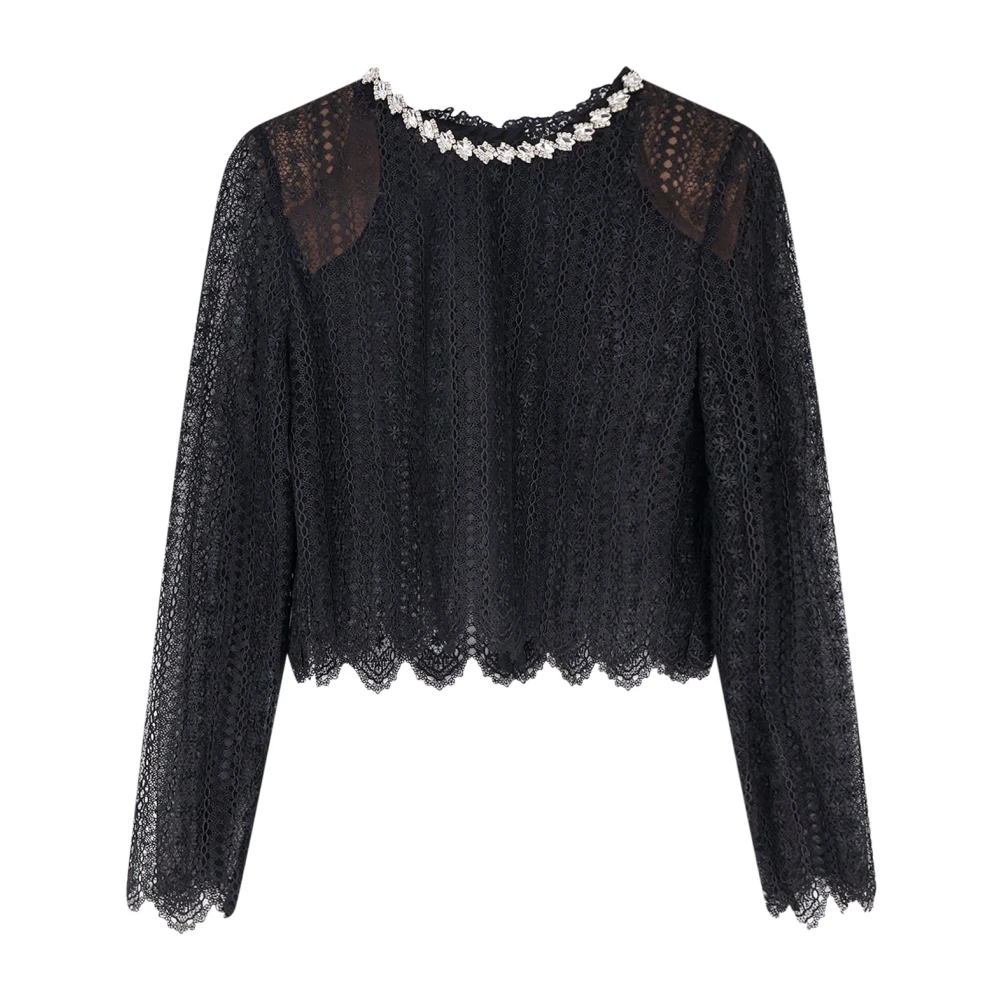 Self Portrait Women's Black Blouses, Xs, Embellished Crew Neck Blouse