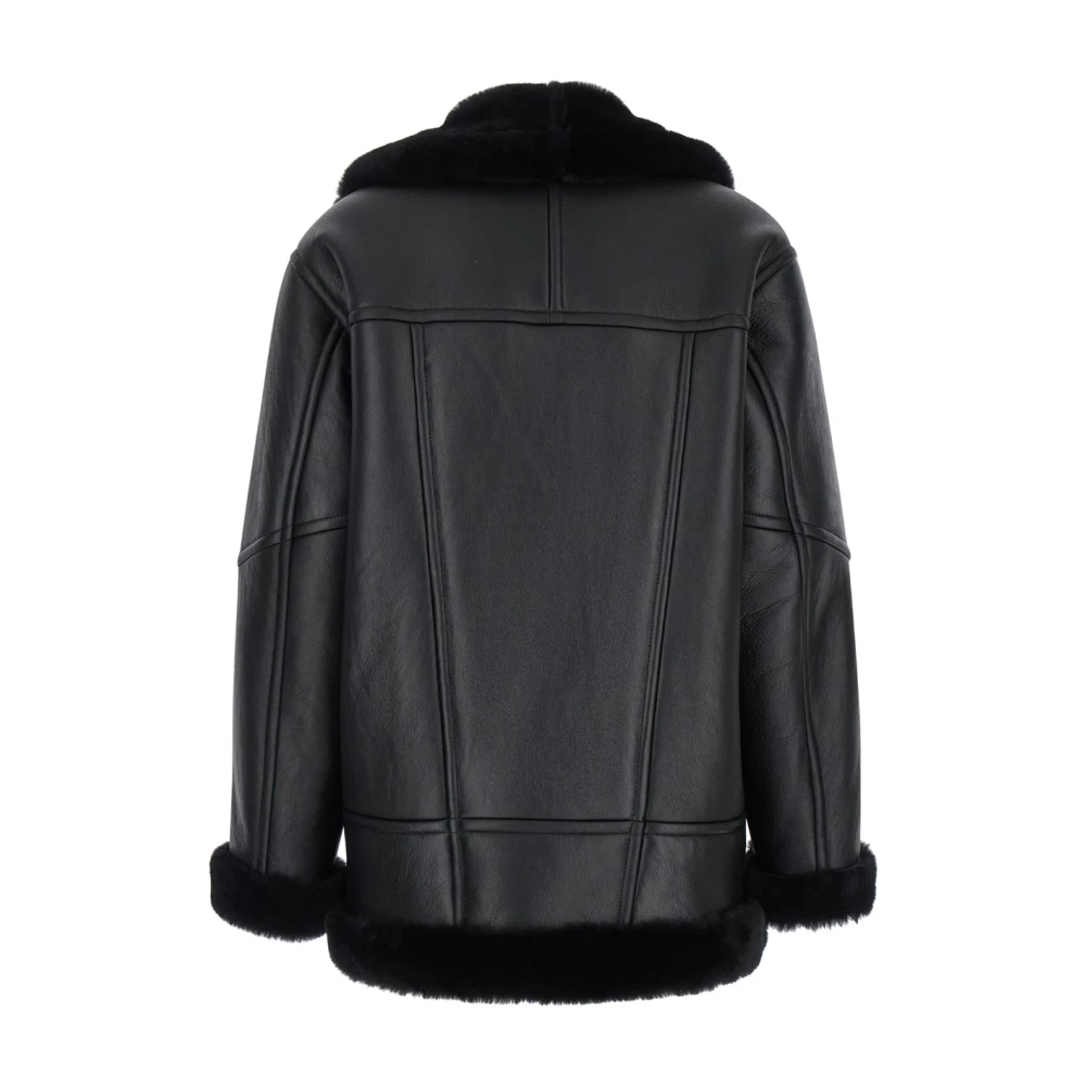 Blancha Shearling Trim Leren Jas Front Zip Black Dames