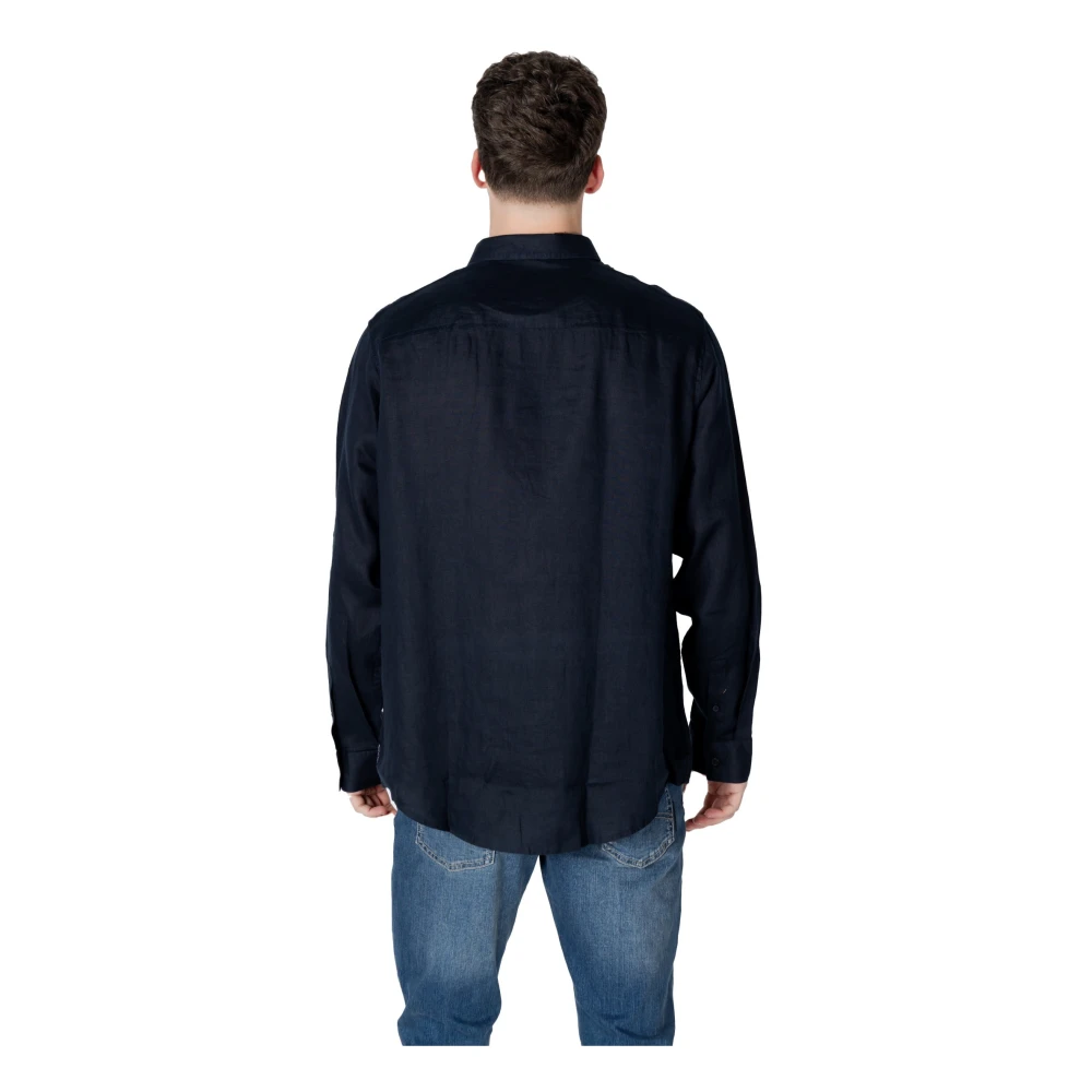 Armani Exchange Blauwe Linnen Knoopshirt Blue Heren