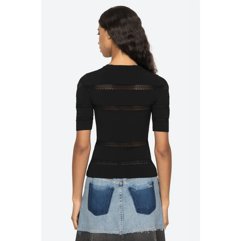 Sea NY Transparante Gebreide Korte Mouw Top Black Dames