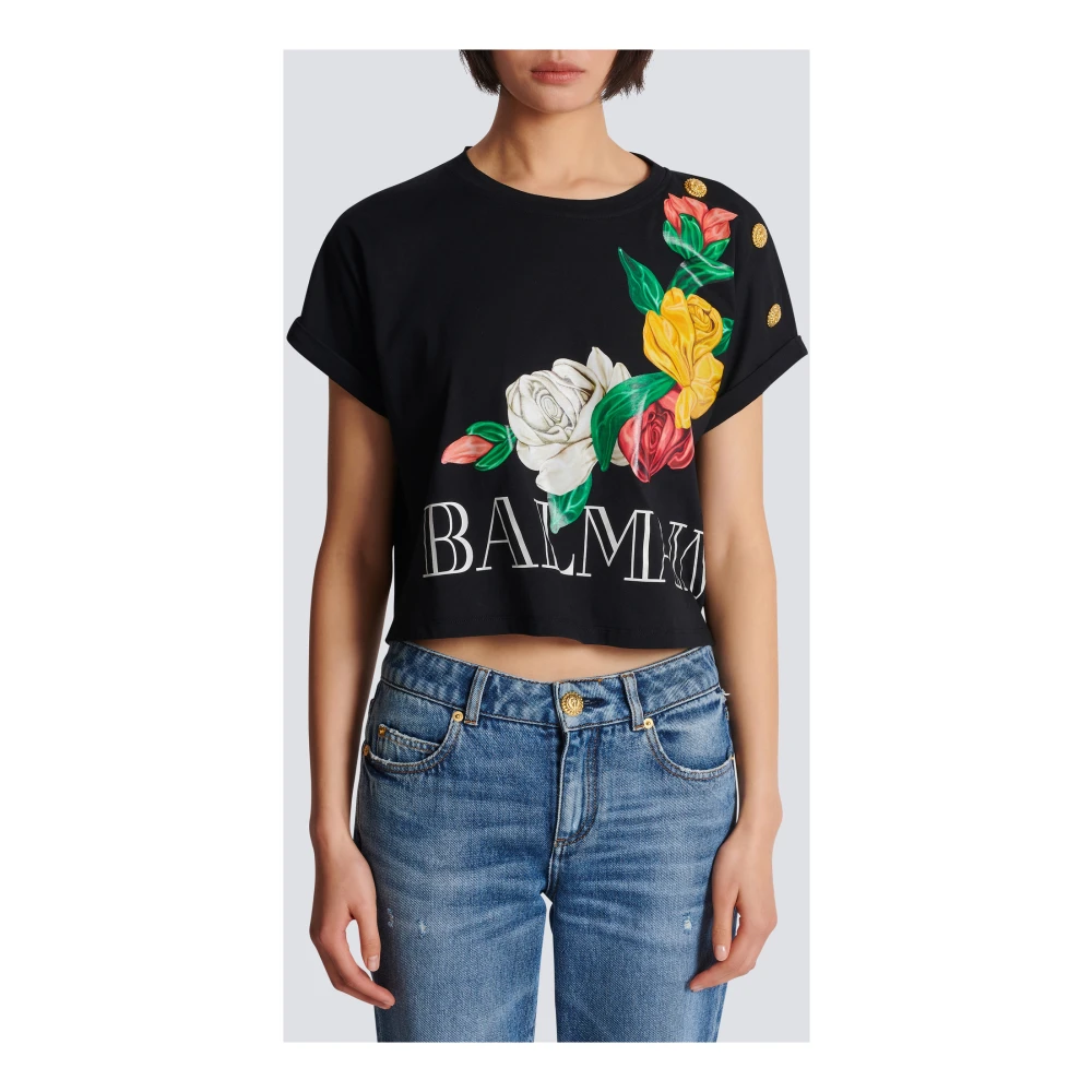 Balmain Vintage T-shirt met rozenprint Black Dames