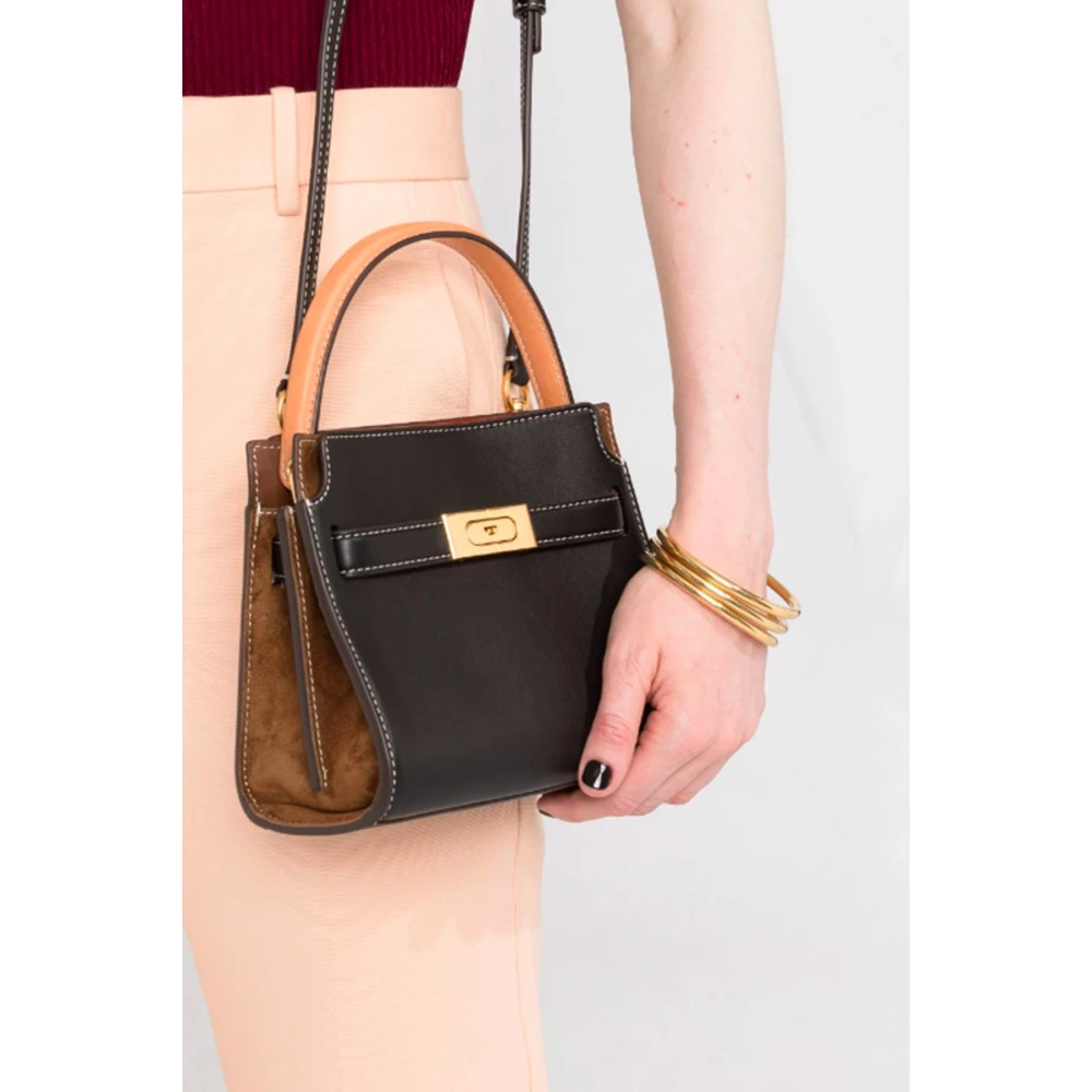 TORY BURCH Tweekleurige Suède Handtas met Gouden Details Black Dames