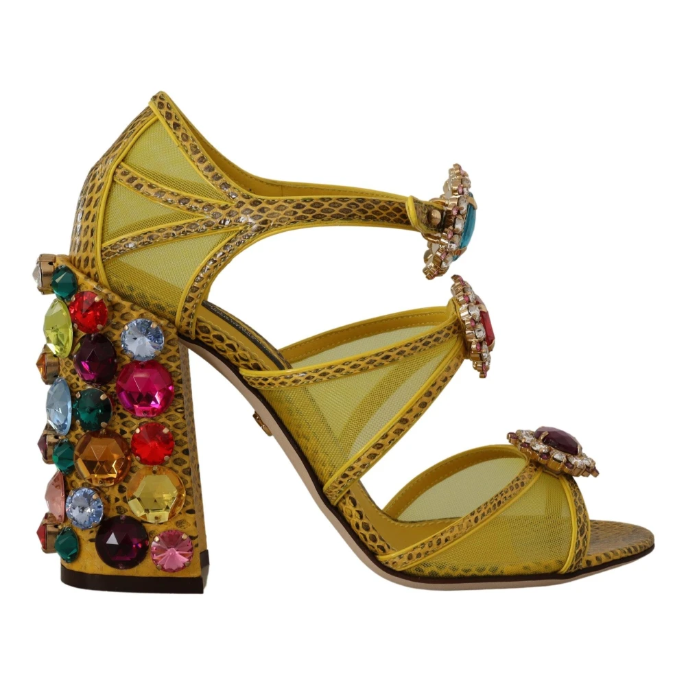 Dolce & Gabbana Women's Yellow High Heel Sandals With Multicolored Crystals