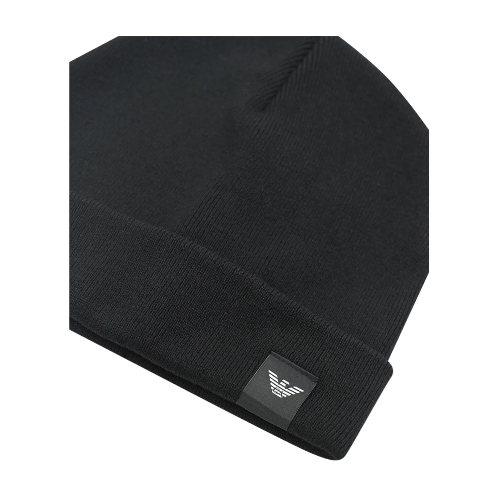Emporio Armani Zwarte Geribbelde Gebreide Hoed met Logo Label Black Heren