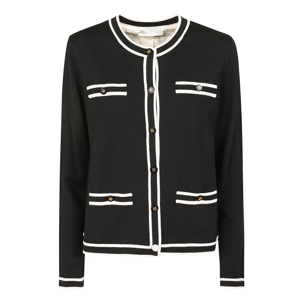 TORY BURCH Crème Lana Cardigan met Marine Details Black Dames