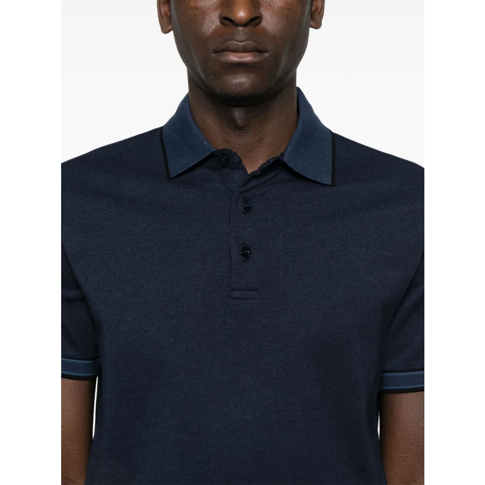 Canali Navy Blauw Gestreepte Korte Mouw Polo Blue Heren